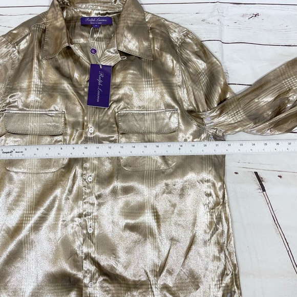Ralph Lauren Purple Label Shirt Womens Size 10 Taupe Sequin Plaid Silk Blend - Picture 12 of 14